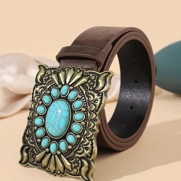 Western Festival Belt w/ Turquoise Buckle | Boho Cowgirl Faux Leather 43” - Picture 1 of 1